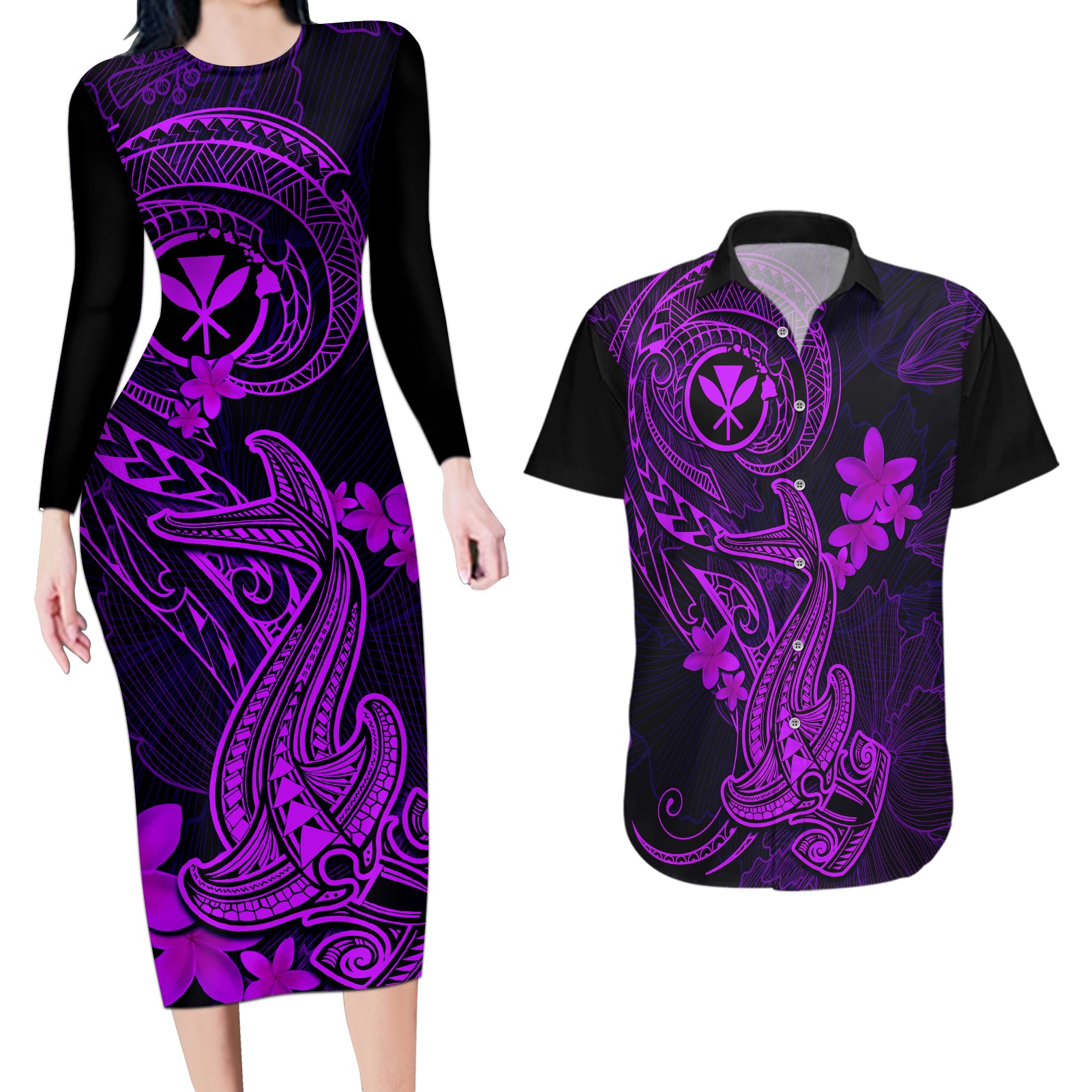 hawaii-couples-matching-long-sleeve-bodycon-dress-and-hawaiian-shirt-hammerhead-shark-tattoo-mix-polynesian-plumeria-purple-version