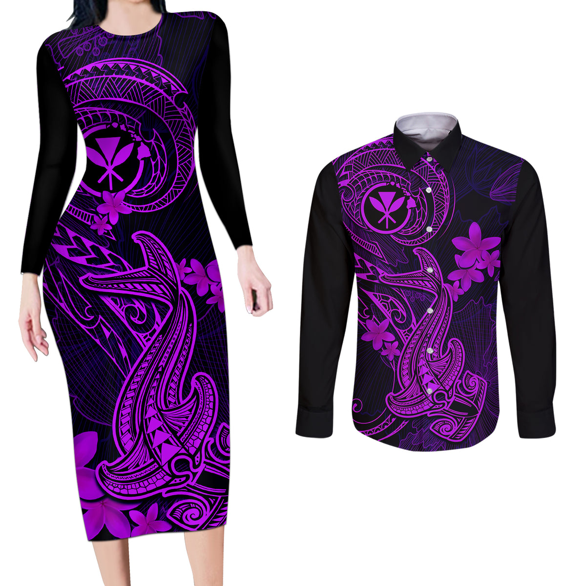Hawaii Couples Matching Long Sleeve Bodycon Dress and Long Sleeve Button Shirts Hammerhead Shark Tattoo Mix Polynesian Plumeria Purple Version LT14 Purple - Polynesian Pride