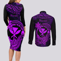 Hawaii Couples Matching Long Sleeve Bodycon Dress and Long Sleeve Button Shirts Hammerhead Shark Tattoo Mix Polynesian Plumeria Purple Version LT14 - Polynesian Pride
