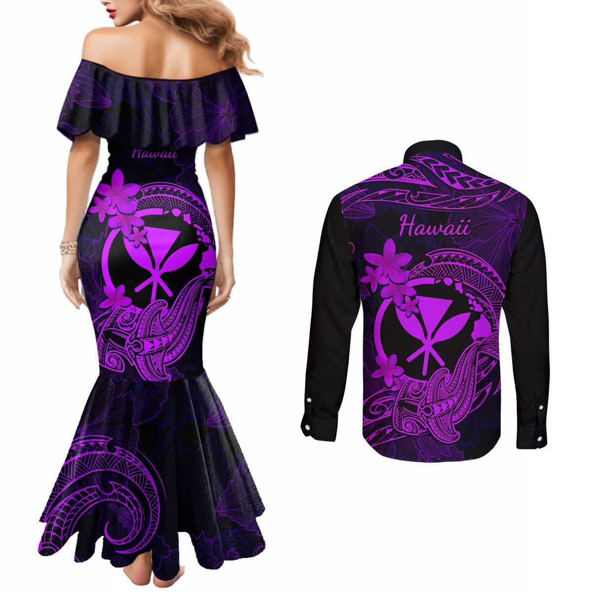 Hawaii Couples Matching Mermaid Dress and Long Sleeve Button Shirts Hammerhead Shark Tattoo Mix Polynesian Plumeria Purple Version LT14 - Polynesian Pride