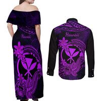 Hawaii Couples Matching Off Shoulder Maxi Dress and Long Sleeve Button Shirts Hammerhead Shark Tattoo Mix Polynesian Plumeria Purple Version LT14 - Polynesian Pride