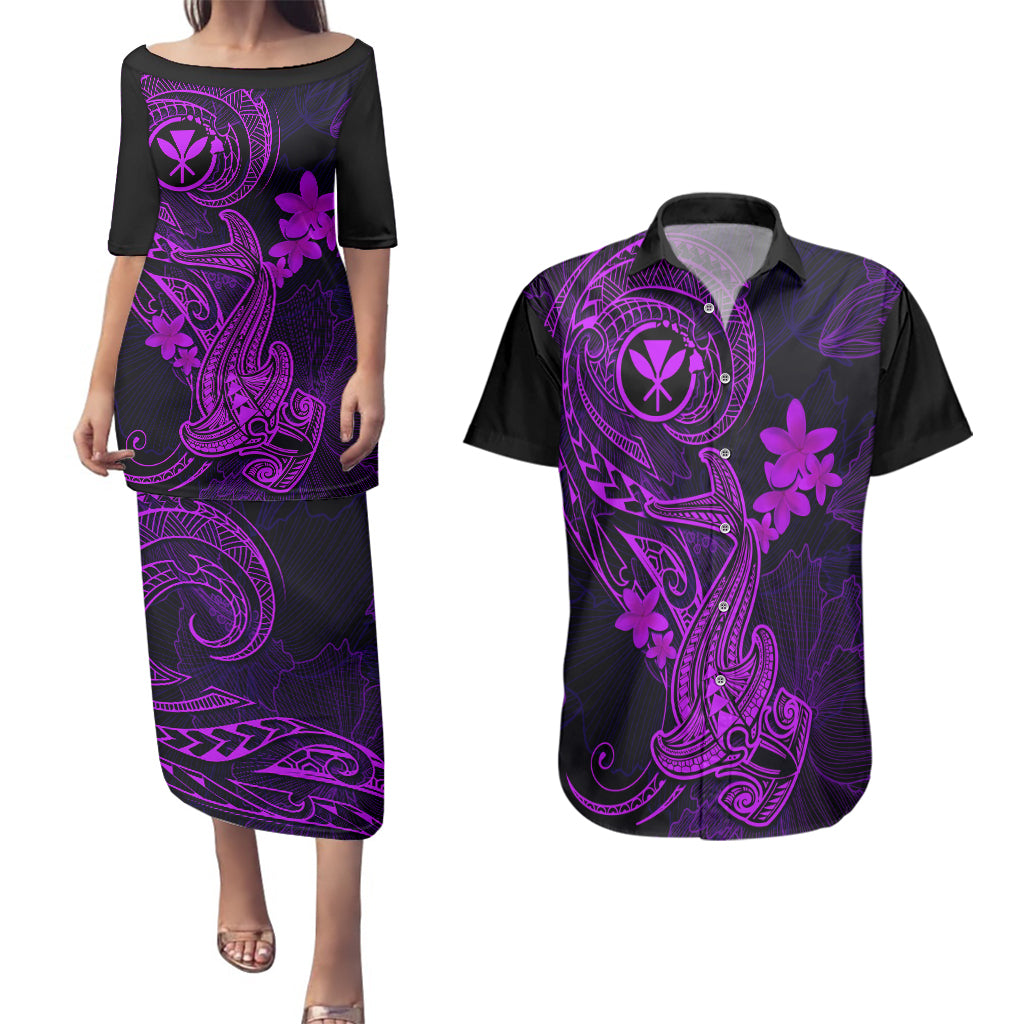 hawaii-couples-matching-puletasi-dress-and-hawaiian-shirt-hammerhead-shark-tattoo-mix-polynesian-plumeria-purple-version