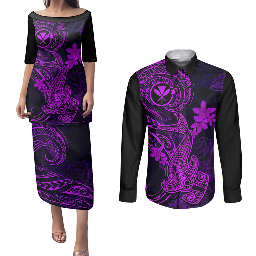 hawaii-couples-matching-puletasi-dress-and-long-sleeve-button-shirts-hammerhead-shark-tattoo-mix-polynesian-plumeria-purple-version