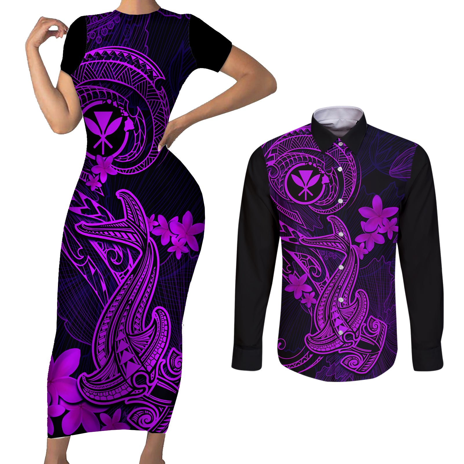 hawaii-couples-matching-short-sleeve-bodycon-dress-and-long-sleeve-button-shirts-hammerhead-shark-tattoo-mix-polynesian-plumeria-purple-version