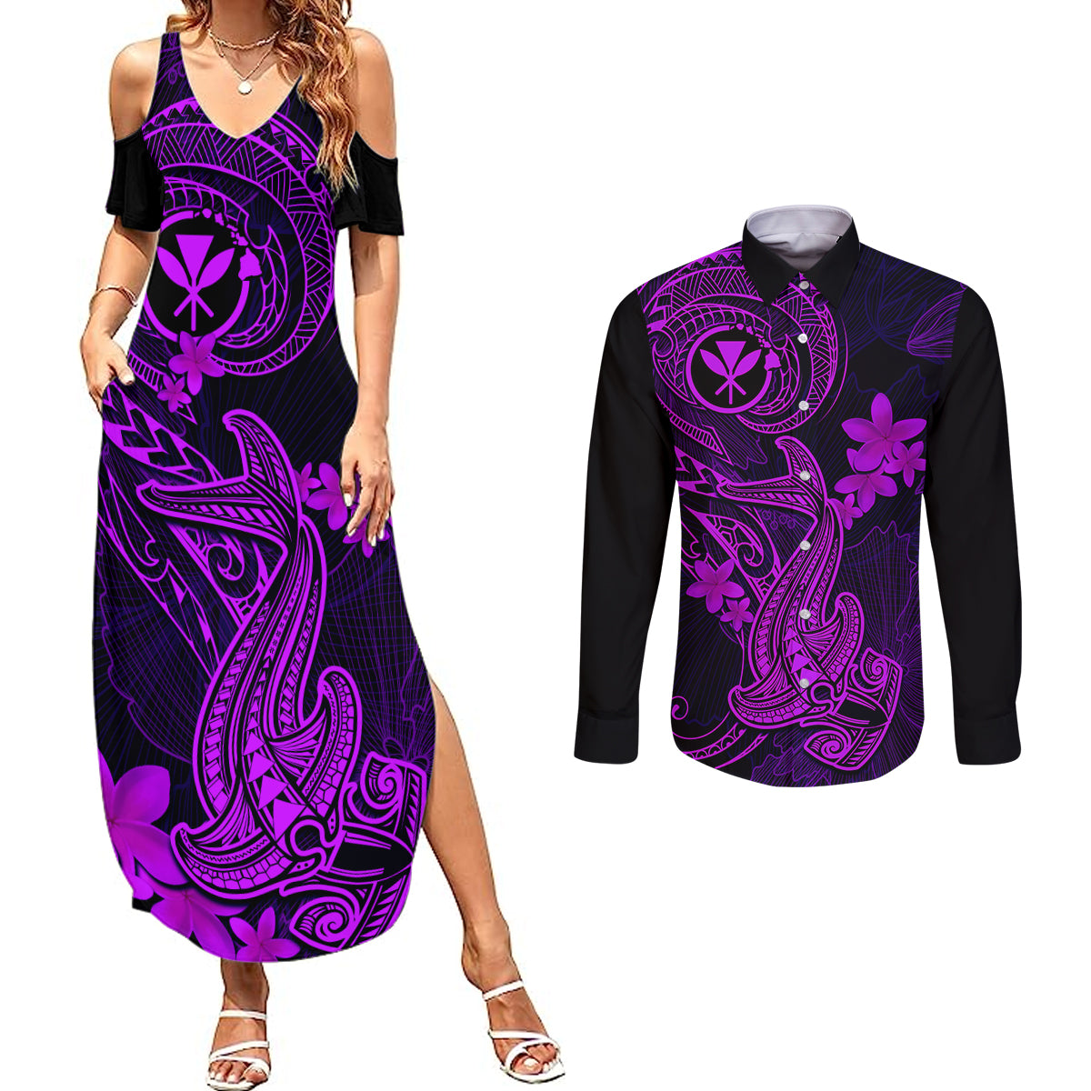 hawaii-couples-matching-summer-maxi-dress-and-long-sleeve-button-shirts-hammerhead-shark-tattoo-mix-polynesian-plumeria-purple-version