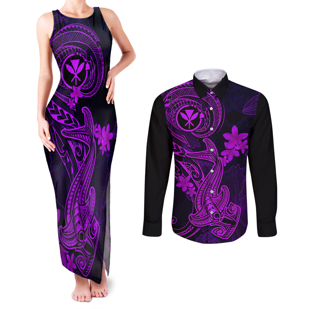 hawaii-couples-matching-tank-maxi-dress-and-long-sleeve-button-shirts-hammerhead-shark-tattoo-mix-polynesian-plumeria-purple-version