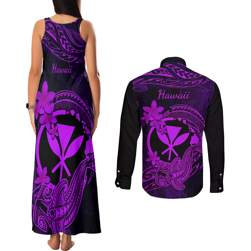 Hawaii Couples Matching Tank Maxi Dress and Long Sleeve Button Shirts Hammerhead Shark Tattoo Mix Polynesian Plumeria Purple Version LT14 - Polynesian Pride