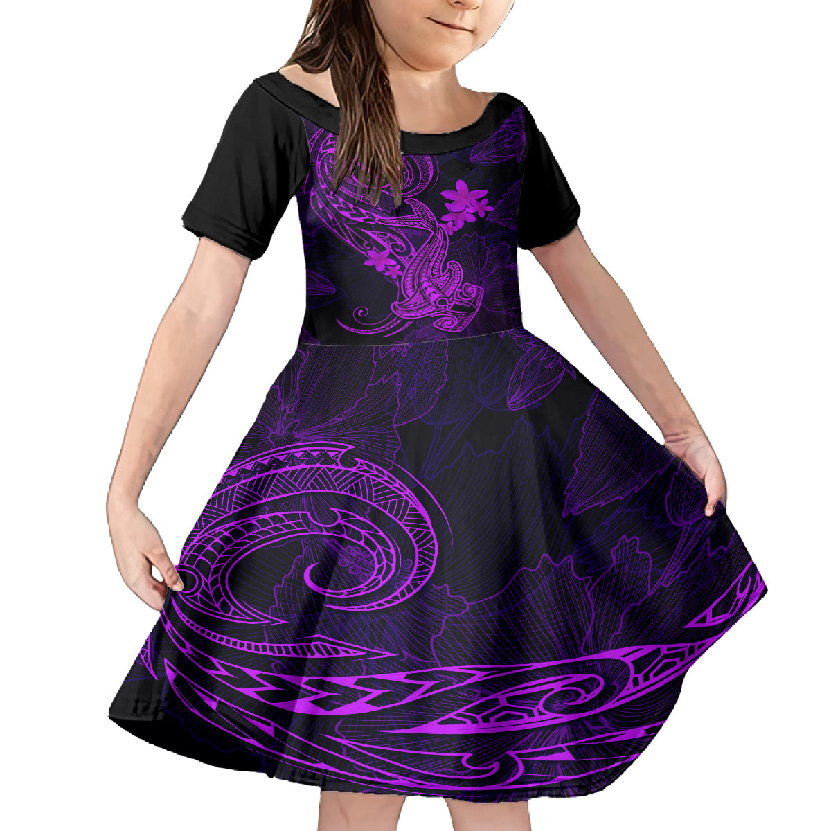 Hawaii Family Matching Off Shoulder Maxi Dress and Hawaiian Shirt Hammerhead Shark Tattoo Mix Polynesian Plumeria Purple Version LT14 Daughter's Dress Purple - Polynesian Pride