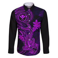 Hawaii Family Matching Off Shoulder Maxi Dress and Hawaiian Shirt Hammerhead Shark Tattoo Mix Polynesian Plumeria Purple Version LT14 Dad's Shirt - Long Sleeve Purple - Polynesian Pride