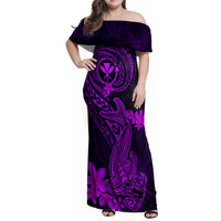 Hawaii Family Matching Off Shoulder Maxi Dress and Hawaiian Shirt Hammerhead Shark Tattoo Mix Polynesian Plumeria Purple Version LT14 Mom's Dress Purple - Polynesian Pride