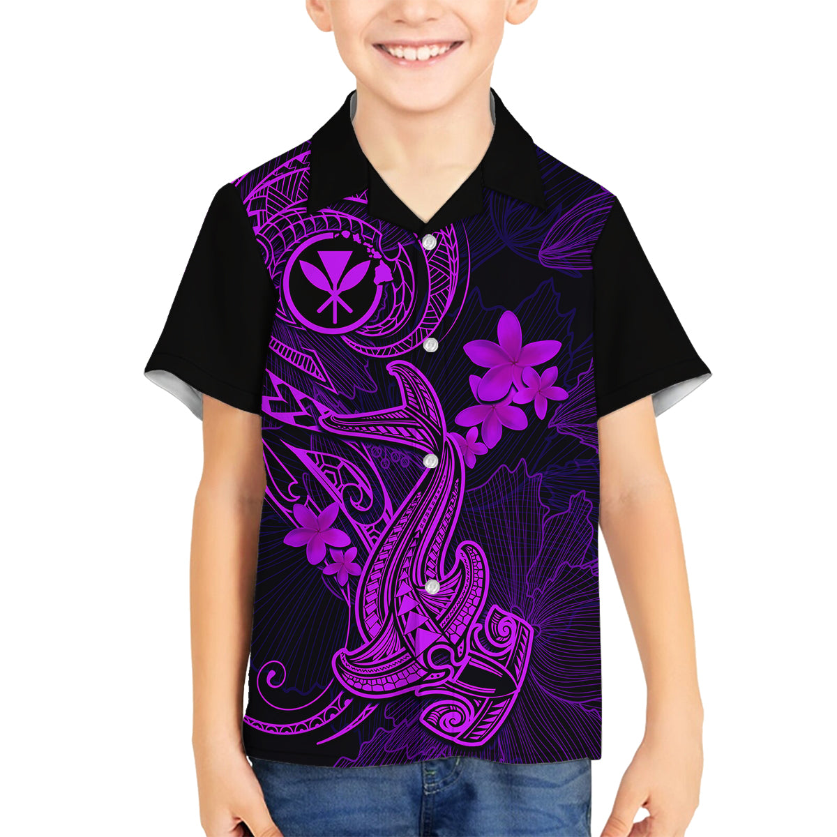 Hawaii Family Matching Off Shoulder Maxi Dress and Hawaiian Shirt Hammerhead Shark Tattoo Mix Polynesian Plumeria Purple Version LT14 Son's Shirt Purple - Polynesian Pride