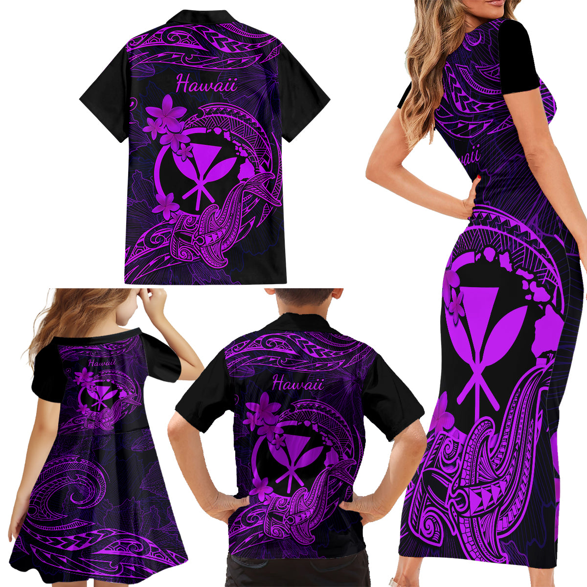 hawaii-family-matching-short-sleeve-bodycon-dress-and-hawaiian-shirt-hammerhead-shark-tattoo-mix-polynesian-plumeria-purple-version