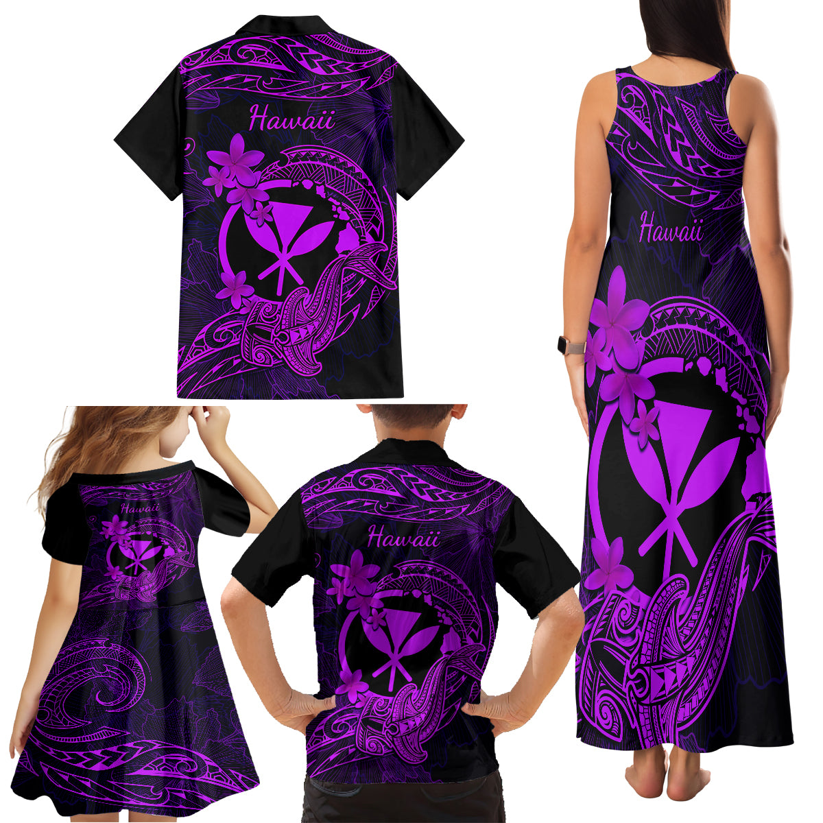Hawaii Family Matching Tank Maxi Dress and Hawaiian Shirt Hammerhead Shark Tattoo Mix Polynesian Plumeria Purple Version LT14 - Polynesian Pride