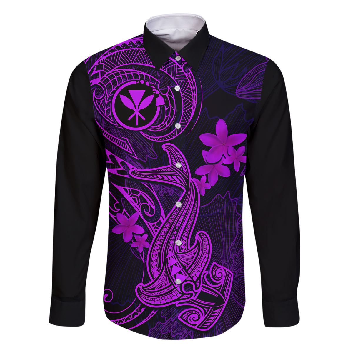 Hawaii Family Matching Tank Maxi Dress and Hawaiian Shirt Hammerhead Shark Tattoo Mix Polynesian Plumeria Purple Version LT14 Dad's Shirt - Long Sleeve Purple - Polynesian Pride