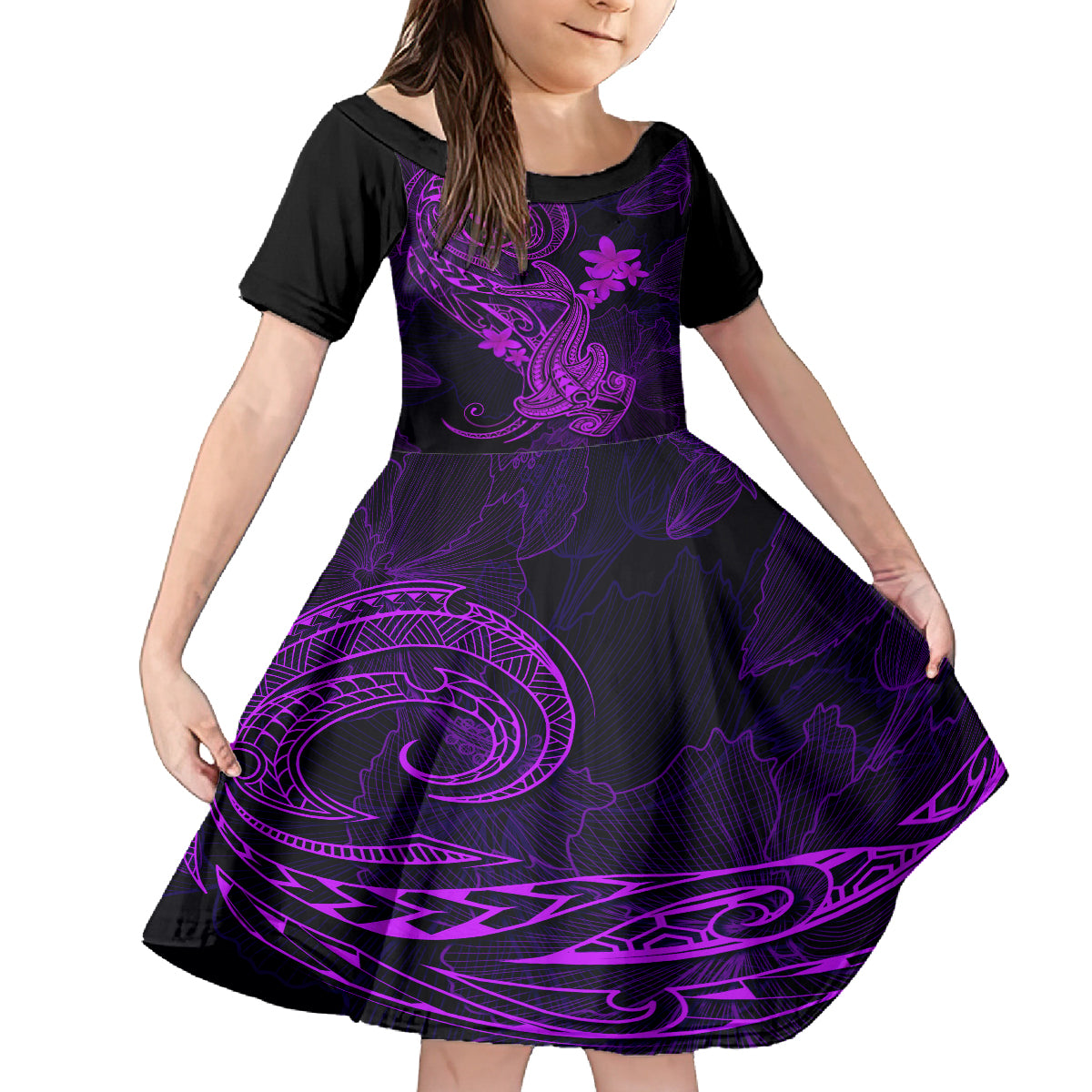 hawaii-kid-short-sleeve-dress-hammerhead-shark-tattoo-mix-polynesian-plumeria-purple-version