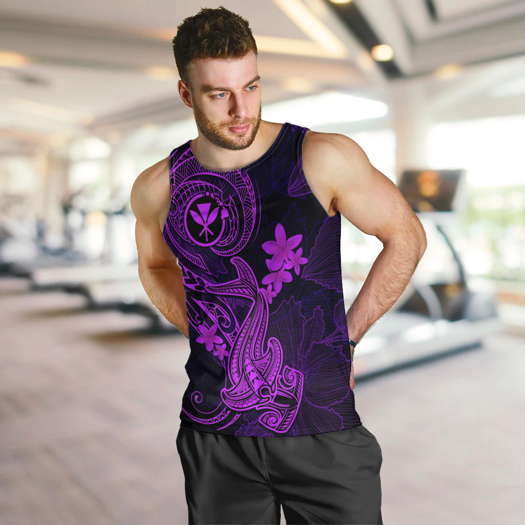 Hawaii Men Tank Top Hammerhead Shark Tattoo Mix Polynesian Plumeria Purple Version LT14 - Polynesian Pride
