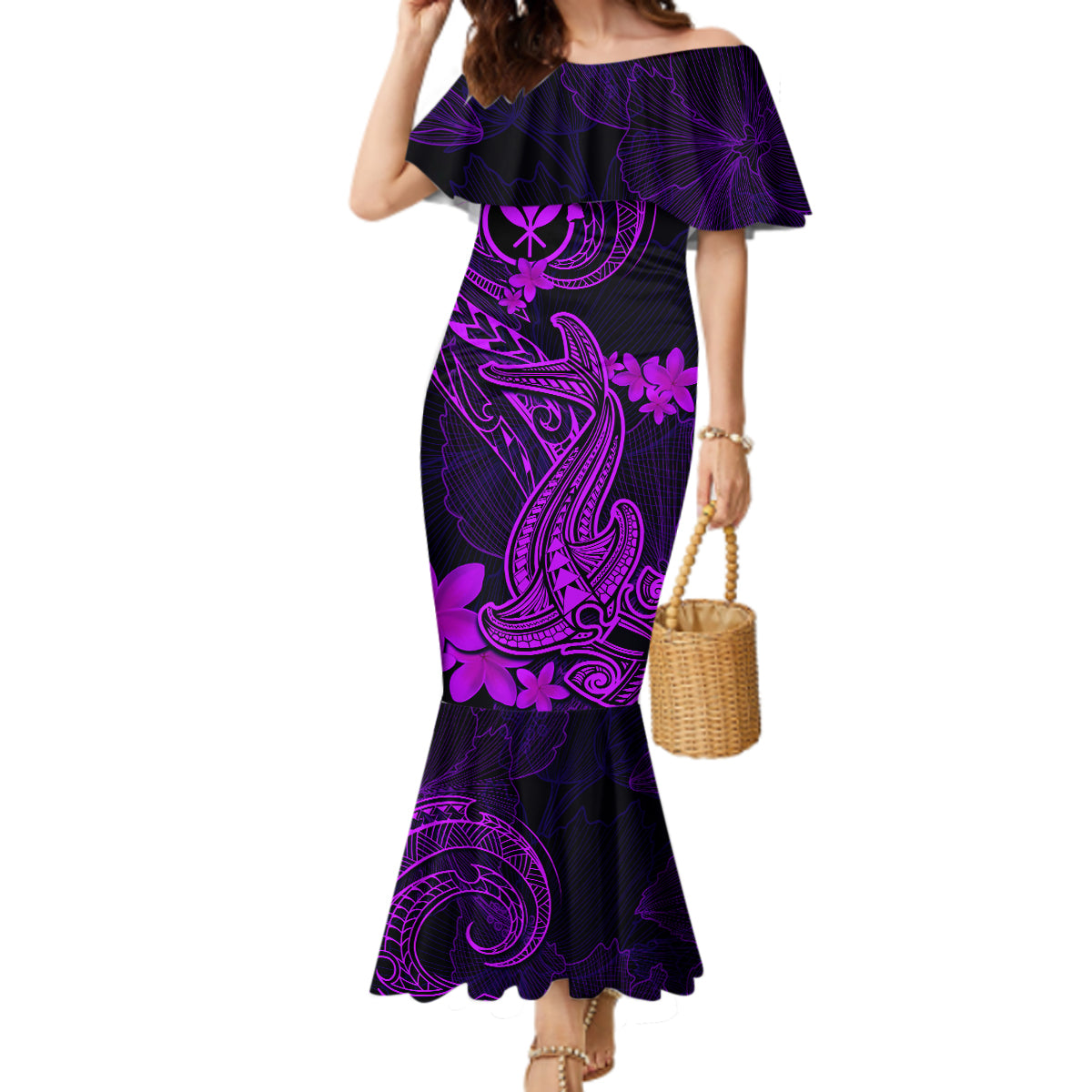 hawaii-mermaid-dress-hammerhead-shark-tattoo-mix-polynesian-plumeria-purple-version