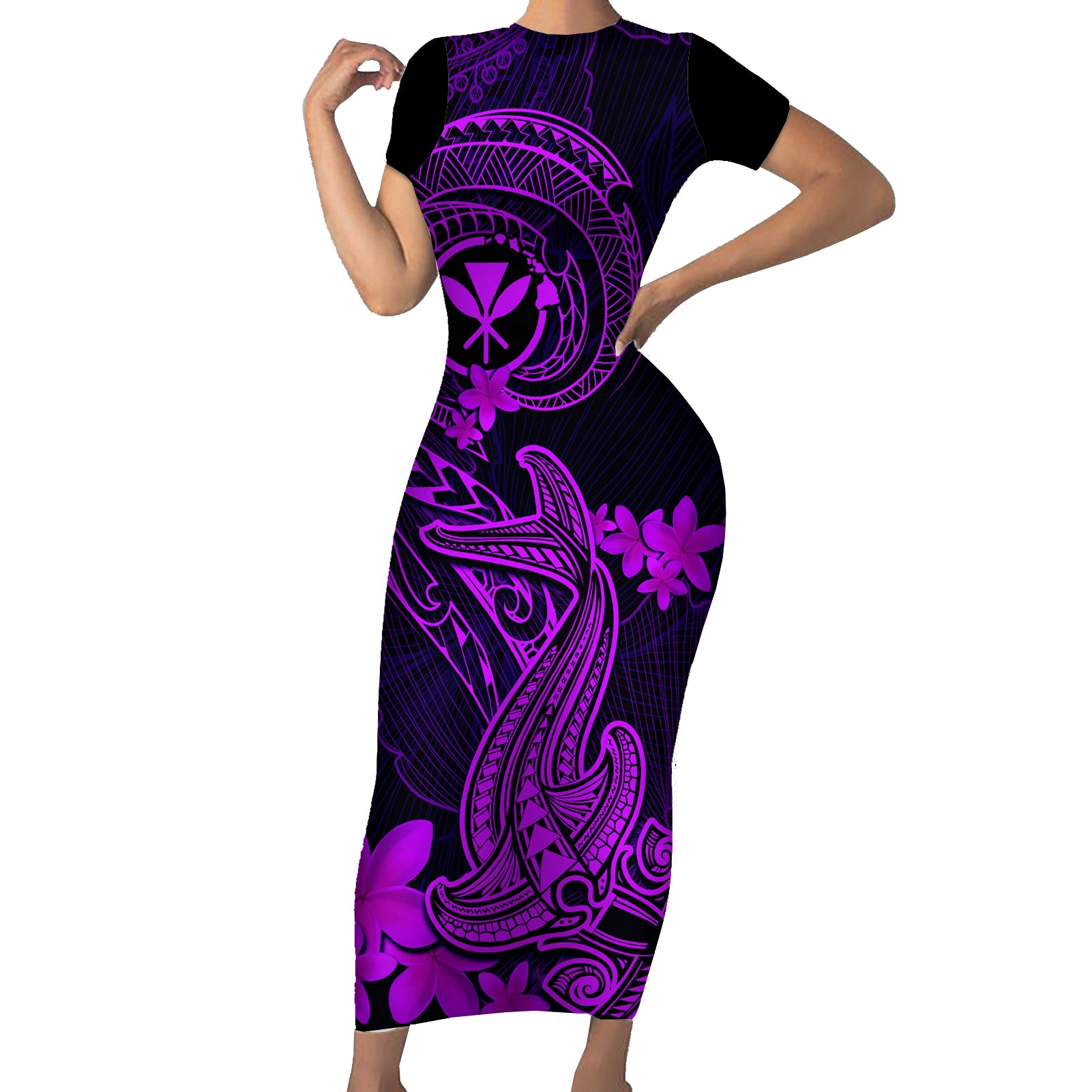 hawaii-short-sleeve-bodycon-dress-hammerhead-shark-tattoo-mix-polynesian-plumeria-purple-version