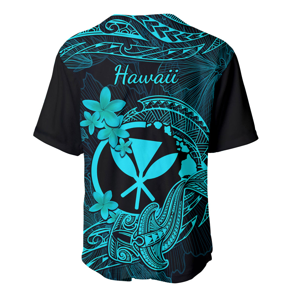 Hawaii Baseball Jersey Hammerhead Shark Tattoo Mix Polynesian Plumeria Turquoise Version LT14 - Polynesian Pride
