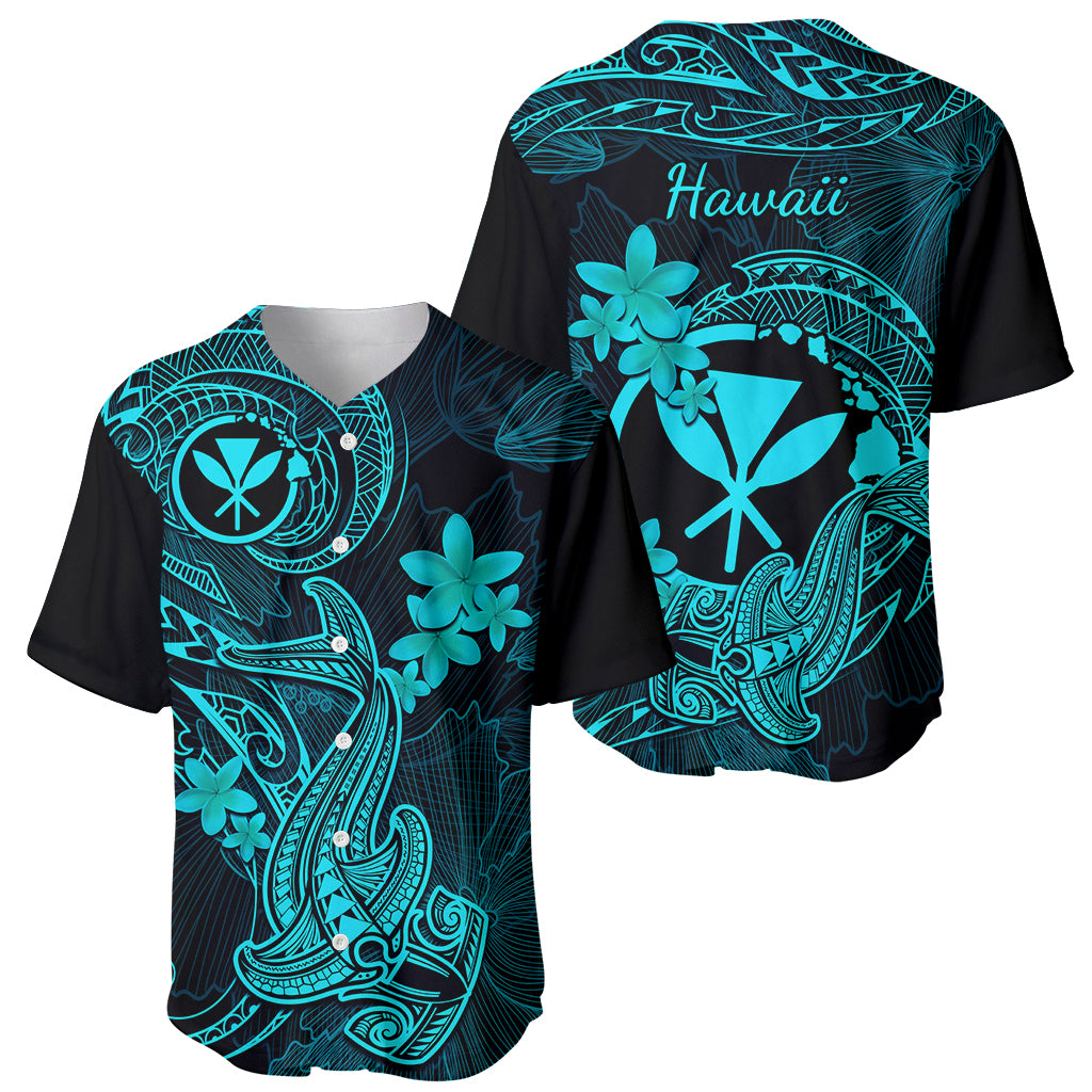 Hawaii Baseball Jersey Hammerhead Shark Tattoo Mix Polynesian Plumeria Turquoise Version LT14 - Polynesian Pride