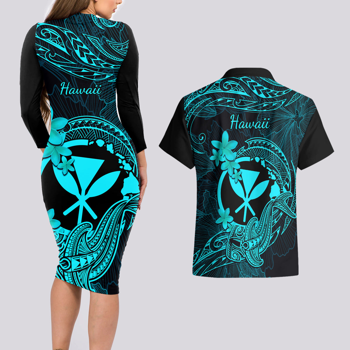 hawaii-couples-matching-long-sleeve-bodycon-dress-and-hawaiian-shirt-hammerhead-shark-tattoo-mix-polynesian-plumeria-turquoise-version