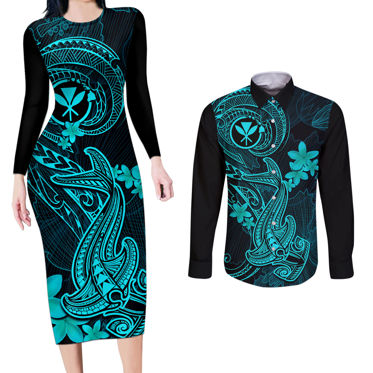 Hawaii Couples Matching Long Sleeve Bodycon Dress and Long Sleeve Button Shirts Hammerhead Shark Tattoo Mix Polynesian Plumeria Turquoise Version LT14 Turquoise - Polynesian Pride