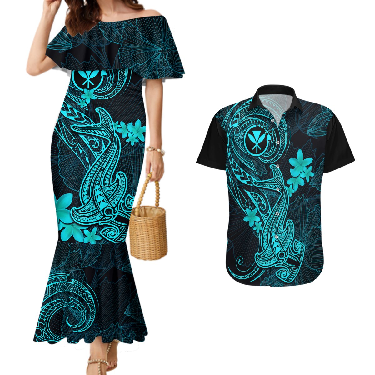 Hawaii Couples Matching Mermaid Dress and Hawaiian Shirt Hammerhead Shark Tattoo Mix Polynesian Plumeria Turquoise Version LT14 Turquoise - Polynesian Pride