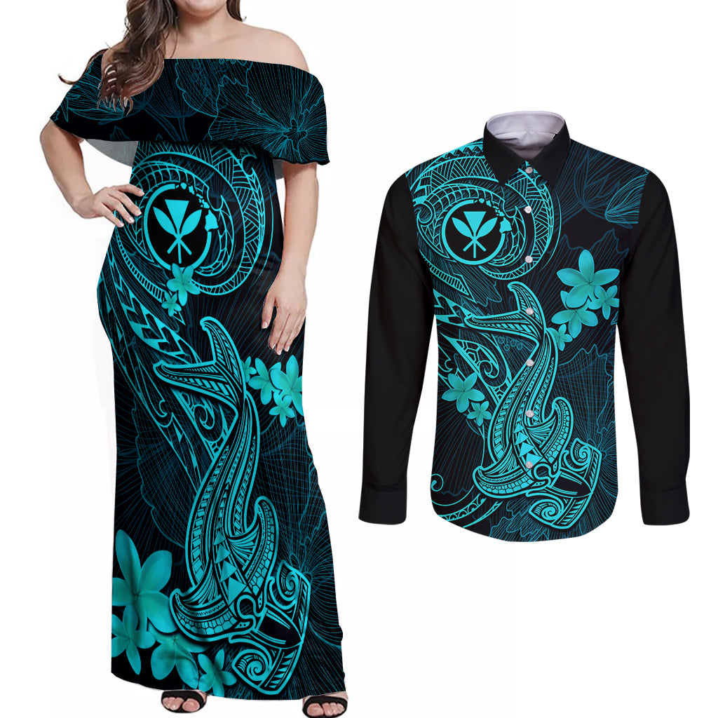 hawaii-couples-matching-off-shoulder-maxi-dress-and-long-sleeve-button-shirts-hammerhead-shark-tattoo-mix-polynesian-plumeria-turquoise-version