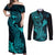 hawaii-couples-matching-off-shoulder-maxi-dress-and-long-sleeve-button-shirts-hammerhead-shark-tattoo-mix-polynesian-plumeria-turquoise-version