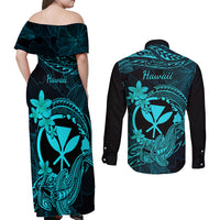 Hawaii Couples Matching Off Shoulder Maxi Dress and Long Sleeve Button Shirts Hammerhead Shark Tattoo Mix Polynesian Plumeria Turquoise Version LT14 - Polynesian Pride
