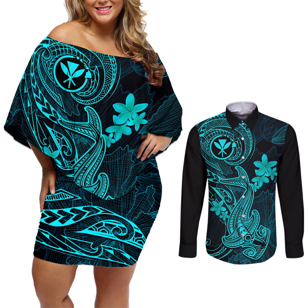 hawaii-couples-matching-off-shoulder-short-dress-and-long-sleeve-button-shirts-hammerhead-shark-tattoo-mix-polynesian-plumeria-turquoise-version