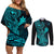 hawaii-couples-matching-off-shoulder-short-dress-and-long-sleeve-button-shirts-hammerhead-shark-tattoo-mix-polynesian-plumeria-turquoise-version