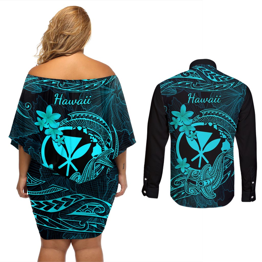 Hawaii Couples Matching Off Shoulder Short Dress and Long Sleeve Button Shirts Hammerhead Shark Tattoo Mix Polynesian Plumeria Turquoise Version LT14 - Polynesian Pride