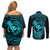 hawaii-couples-matching-off-shoulder-short-dress-and-long-sleeve-button-shirts-hammerhead-shark-tattoo-mix-polynesian-plumeria-turquoise-version