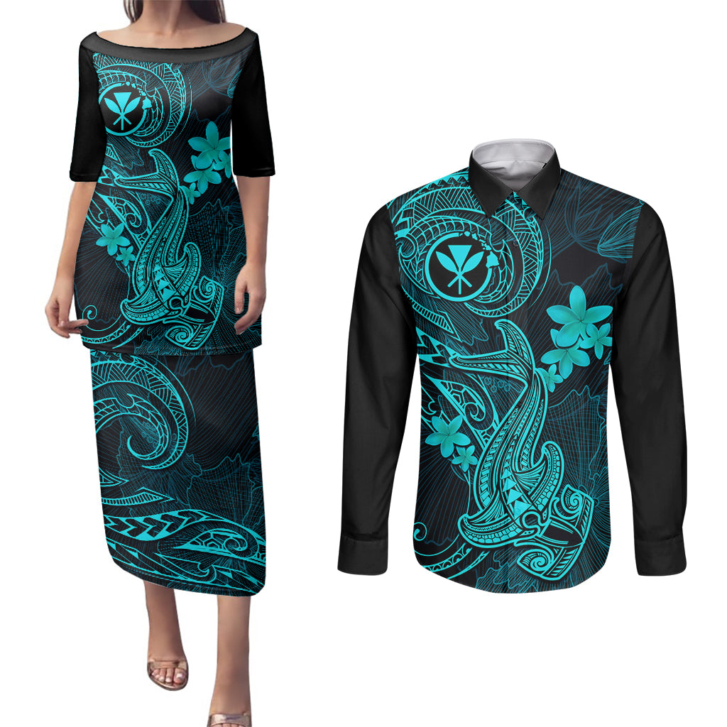 hawaii-couples-matching-puletasi-dress-and-long-sleeve-button-shirts-hammerhead-shark-tattoo-mix-polynesian-plumeria-turquoise-version