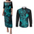hawaii-couples-matching-puletasi-dress-and-long-sleeve-button-shirts-hammerhead-shark-tattoo-mix-polynesian-plumeria-turquoise-version
