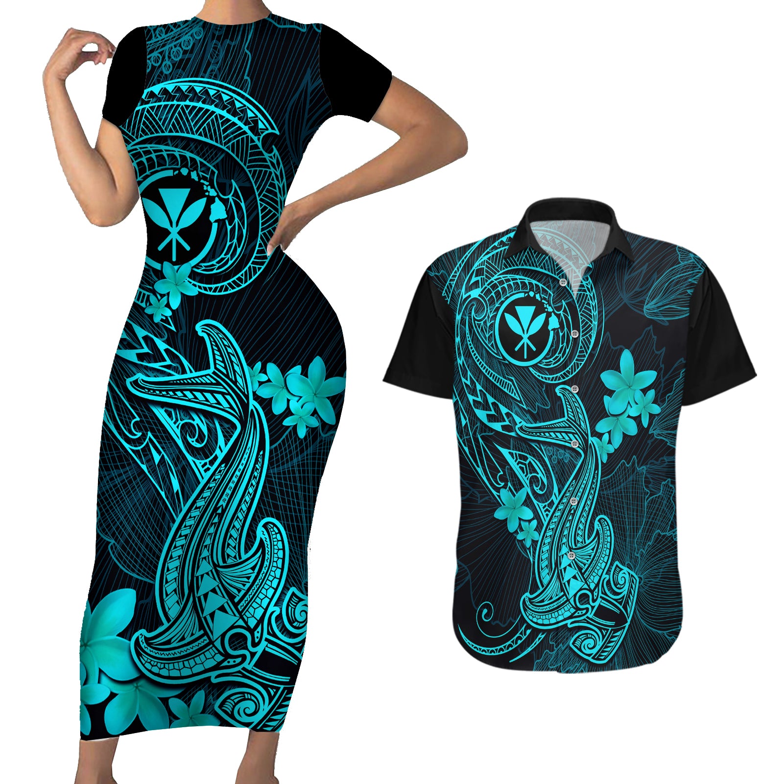 hawaii-couples-matching-short-sleeve-bodycon-dress-and-hawaiian-shirt-hammerhead-shark-tattoo-mix-polynesian-plumeria-turquoise-version