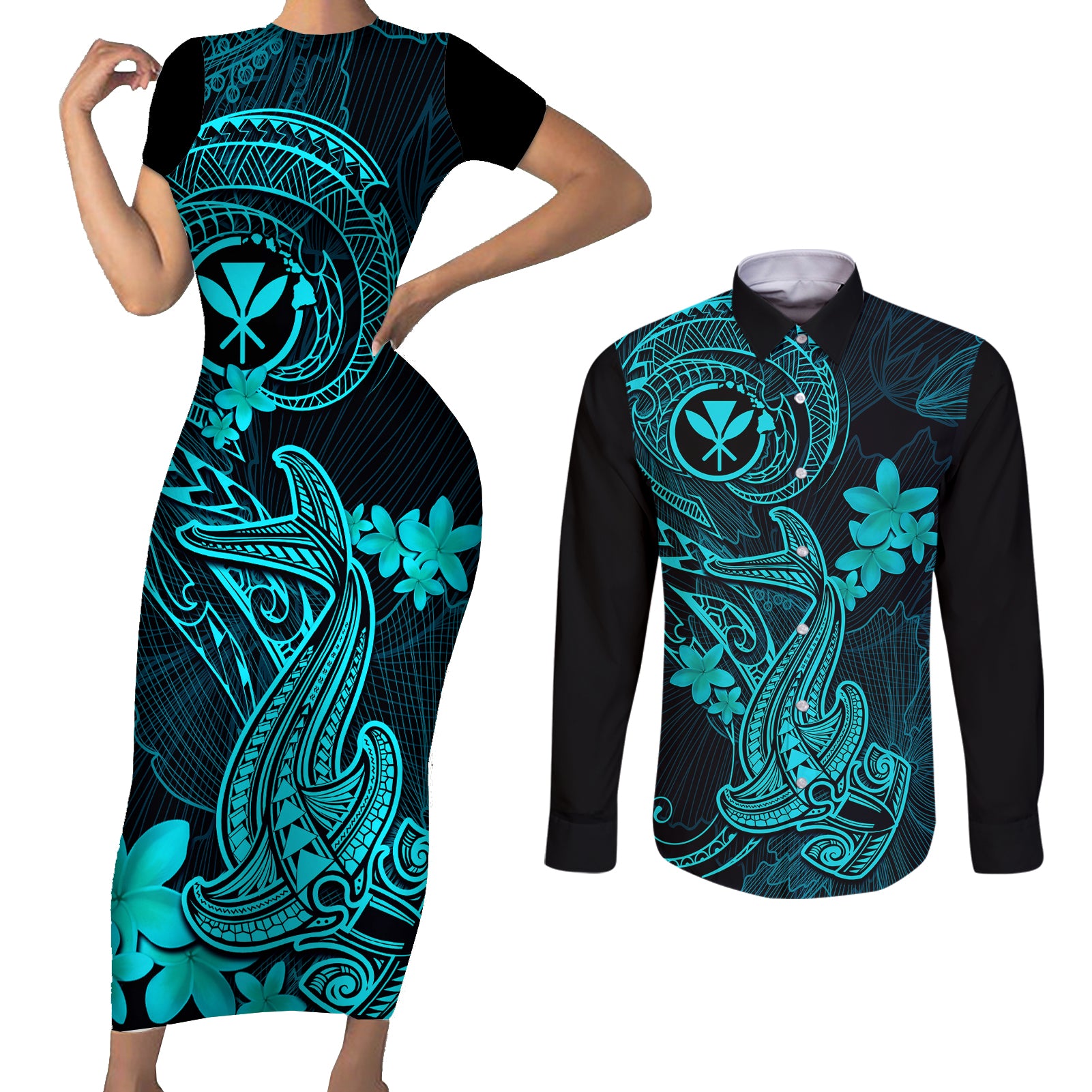 hawaii-couples-matching-short-sleeve-bodycon-dress-and-long-sleeve-button-shirts-hammerhead-shark-tattoo-mix-polynesian-plumeria-turquoise-version
