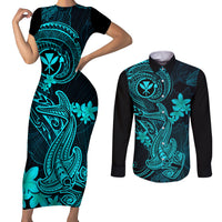 Hawaii Couples Matching Short Sleeve Bodycon Dress and Long Sleeve Button Shirts Hammerhead Shark Tattoo Mix Polynesian Plumeria Turquoise Version LT14 Turquoise - Polynesian Pride