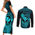 hawaii-couples-matching-short-sleeve-bodycon-dress-and-long-sleeve-button-shirts-hammerhead-shark-tattoo-mix-polynesian-plumeria-turquoise-version