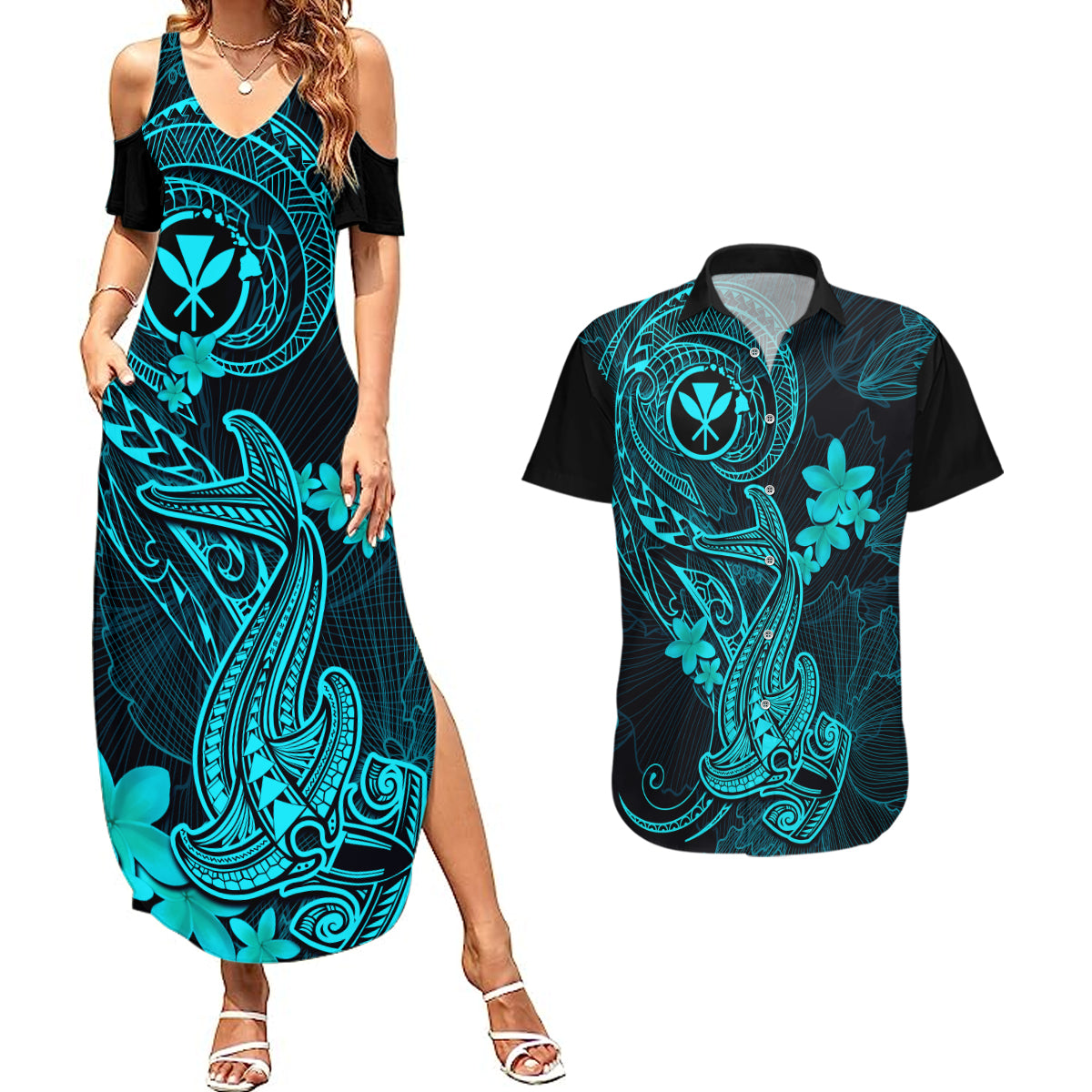 hawaii-couples-matching-summer-maxi-dress-and-hawaiian-shirt-hammerhead-shark-tattoo-mix-polynesian-plumeria-turquoise-version