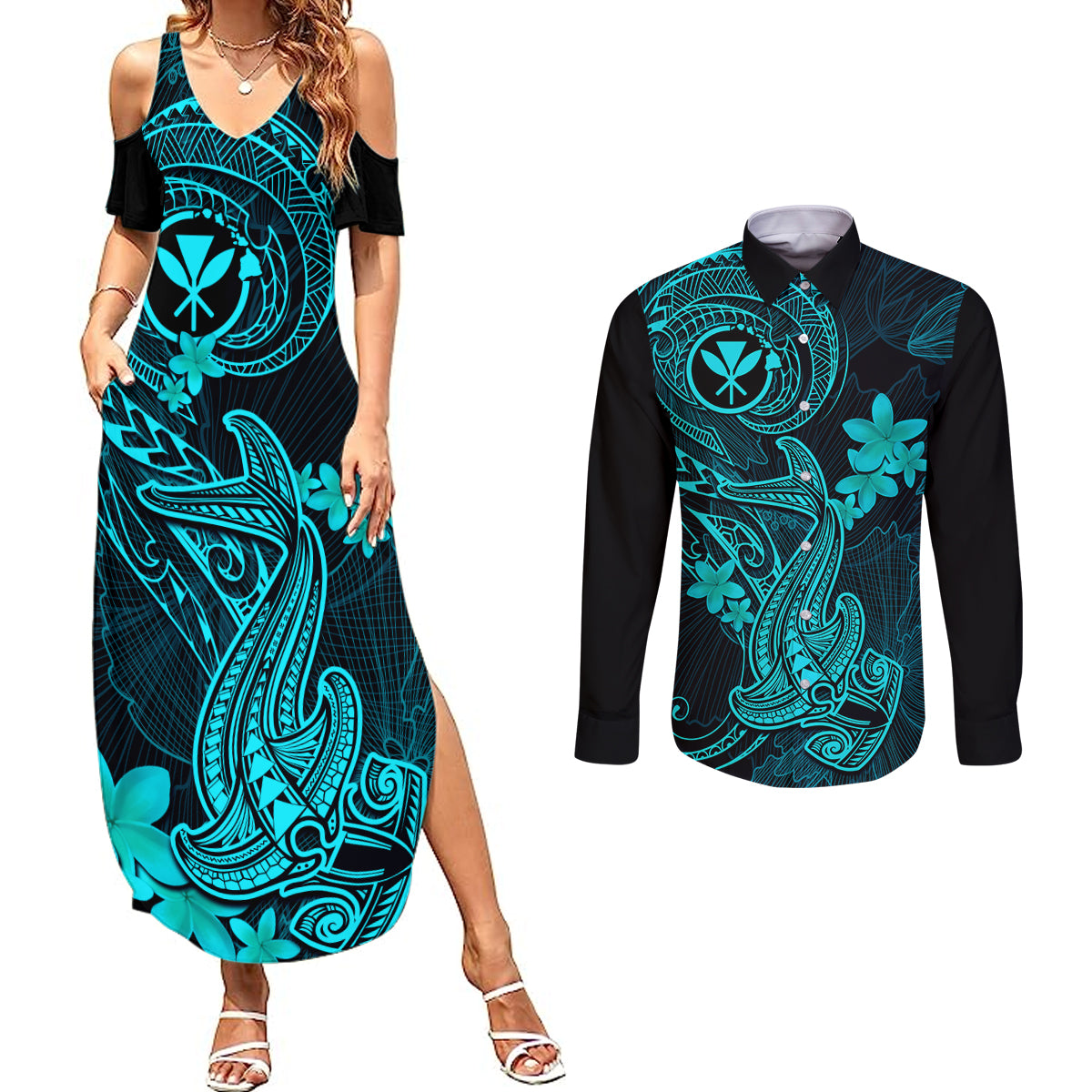hawaii-couples-matching-summer-maxi-dress-and-long-sleeve-button-shirts-hammerhead-shark-tattoo-mix-polynesian-plumeria-turquoise-version