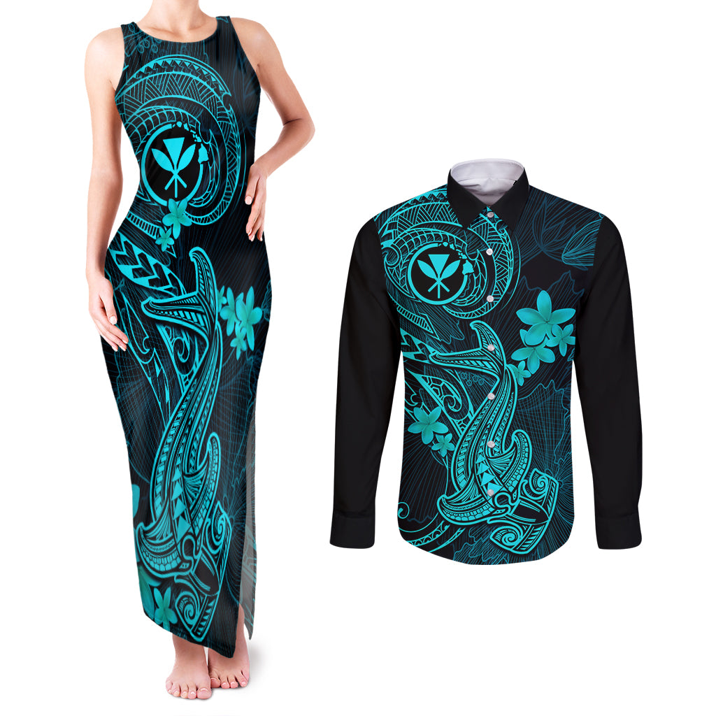 hawaii-couples-matching-tank-maxi-dress-and-long-sleeve-button-shirts-hammerhead-shark-tattoo-mix-polynesian-plumeria-turquoise-version