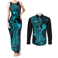 Hawaii Couples Matching Tank Maxi Dress and Long Sleeve Button Shirts Hammerhead Shark Tattoo Mix Polynesian Plumeria Turquoise Version LT14 Turquoise - Polynesian Pride