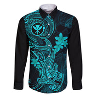 hawaii-family-matching-off-shoulder-long-sleeve-dress-and-hawaiian-shirt-hammerhead-shark-tattoo-mix-polynesian-plumeria-turquoise-version