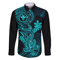 hawaii-family-matching-off-shoulder-maxi-dress-and-hawaiian-shirt-hammerhead-shark-tattoo-mix-polynesian-plumeria-turquoise-version