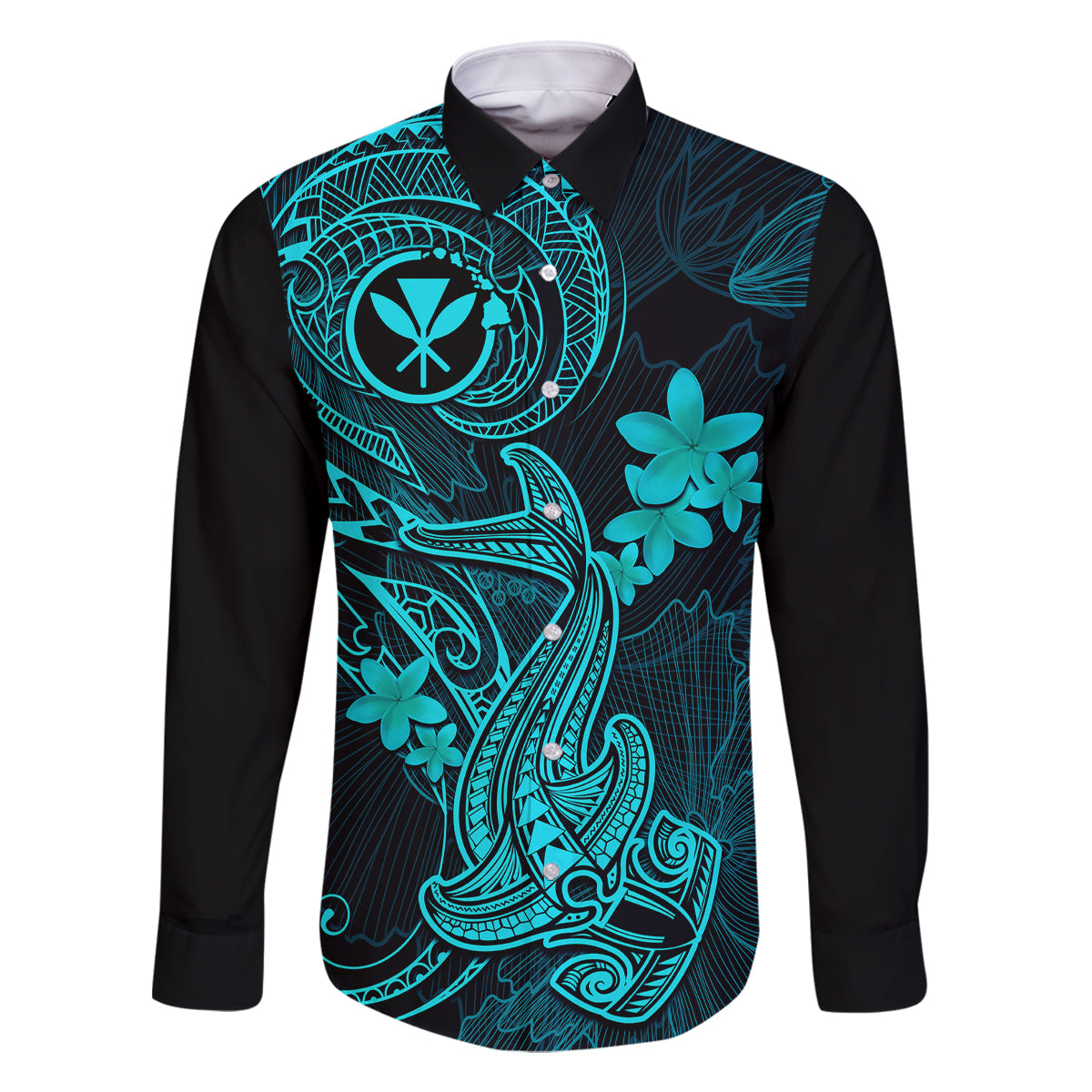 Hawaii Family Matching Puletasi Dress and Hawaiian Shirt Hammerhead Shark Tattoo Mix Polynesian Plumeria Turquoise Version LT14 Dad's Shirt - Long Sleeve Turquoise - Polynesian Pride