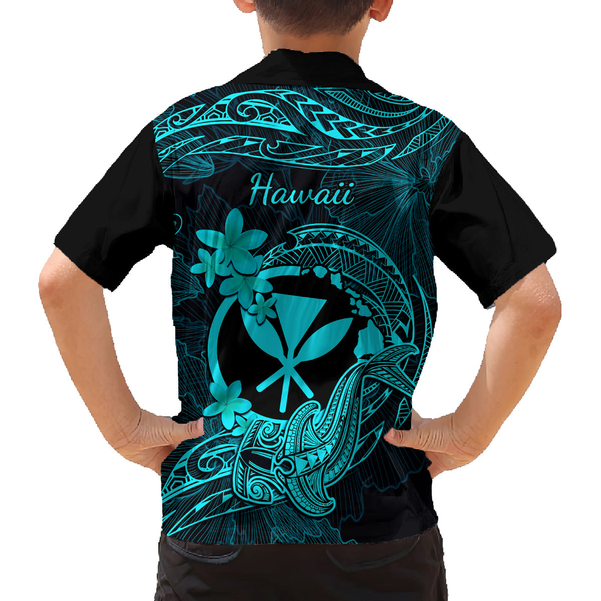 Hawaii Family Matching Tank Maxi Dress and Hawaiian Shirt Hammerhead Shark Tattoo Mix Polynesian Plumeria Turquoise Version LT14 - Polynesian Pride
