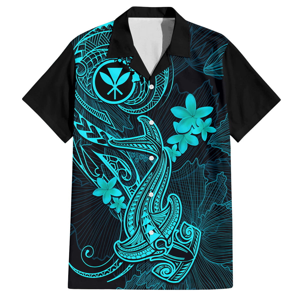 Hawaii Family Matching Tank Maxi Dress and Hawaiian Shirt Hammerhead Shark Tattoo Mix Polynesian Plumeria Turquoise Version LT14 Dad's Shirt - Short Sleeve Turquoise - Polynesian Pride