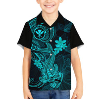 Hawaii Family Matching Tank Maxi Dress and Hawaiian Shirt Hammerhead Shark Tattoo Mix Polynesian Plumeria Turquoise Version LT14 Son's Shirt Turquoise - Polynesian Pride